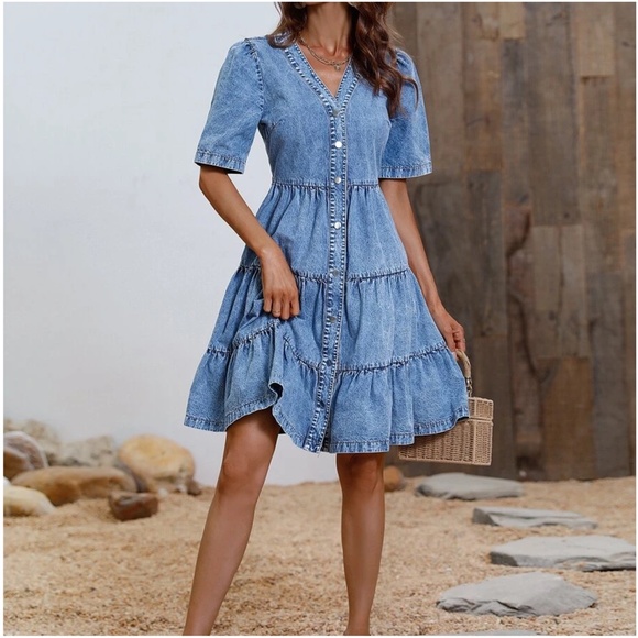 Chambray Button up Ruffle denim Mini Dress - Picture 4 of 7